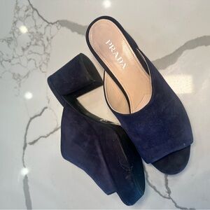 Prada Navy Suede Open-Toe Block Heel Mules